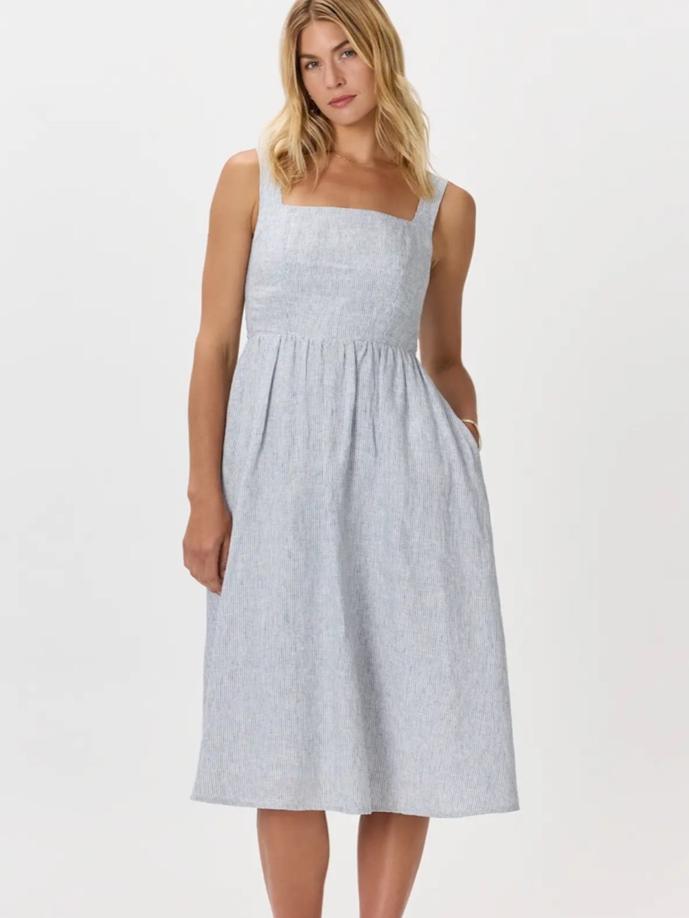 Quince 100% European Linen Fit & Flare Midi Dress blue & white striped size Lrg